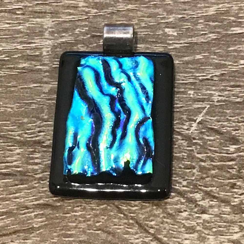 Sterling Silver & Iridescent Foil Art Glass Pendant 1 1/2" Long